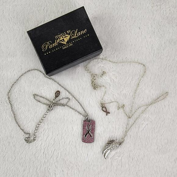 Breast Cancer Awareness Pink Crystal Dog Tag Wings Necklace Set by Cookie Lee - Picture 6 of 7
